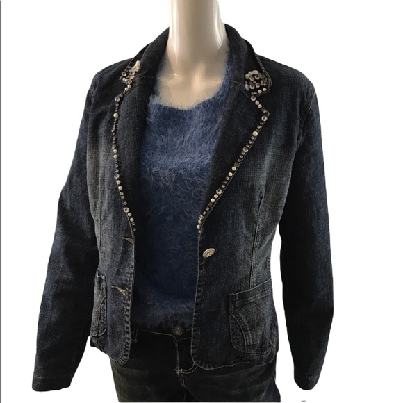 Y2K Vintage Jean Jacket BACCINI Embellished Denim Blue Jean Blazer Medium - Picture 2 of 11